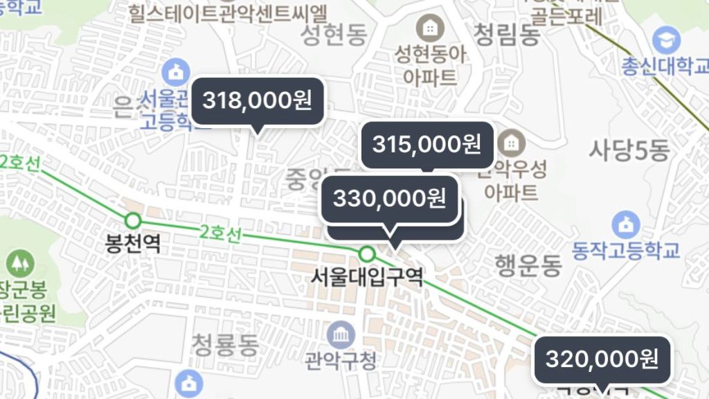 비급여 가격 비교 서비스에서 서울대입구역 및 봉천동, 관악구 인근 마운자로 성지 병원 및 약국의 처방 금액을 조회한 지도 화면
