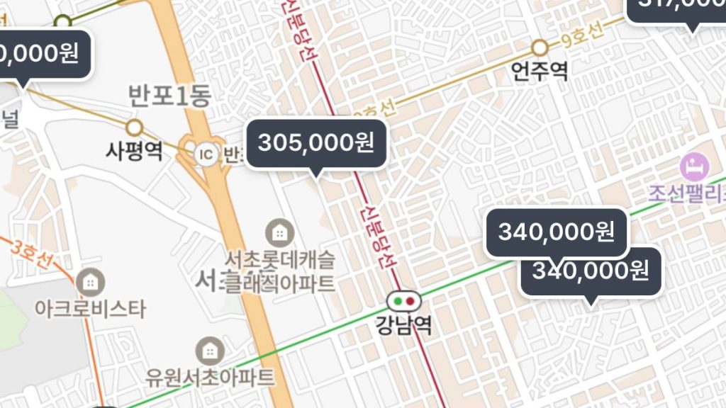 비급여 가격 비교 플랫폼에서 강남역 및 서초동 인근 마운자로 성지 병원 및 약국의 처방 금액을 나타낸 지도 화면