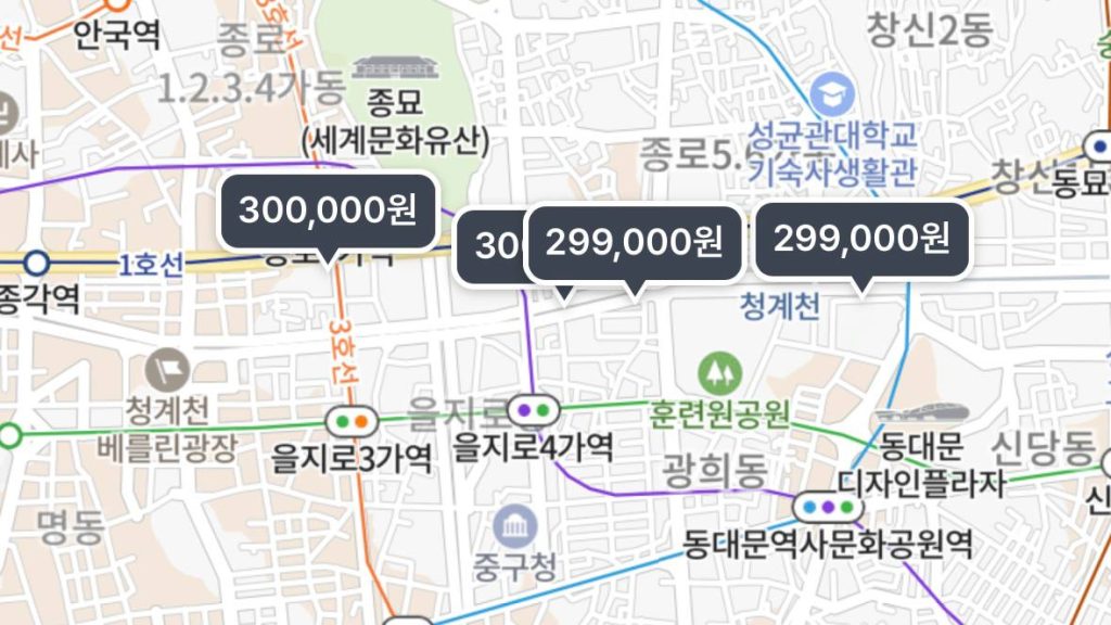 비급여 진료비 비교 앱에서 종로 및 을지로 지역 마운자로 성지 병원 및 약국의 처방 가격을 조회한 지도 화면
