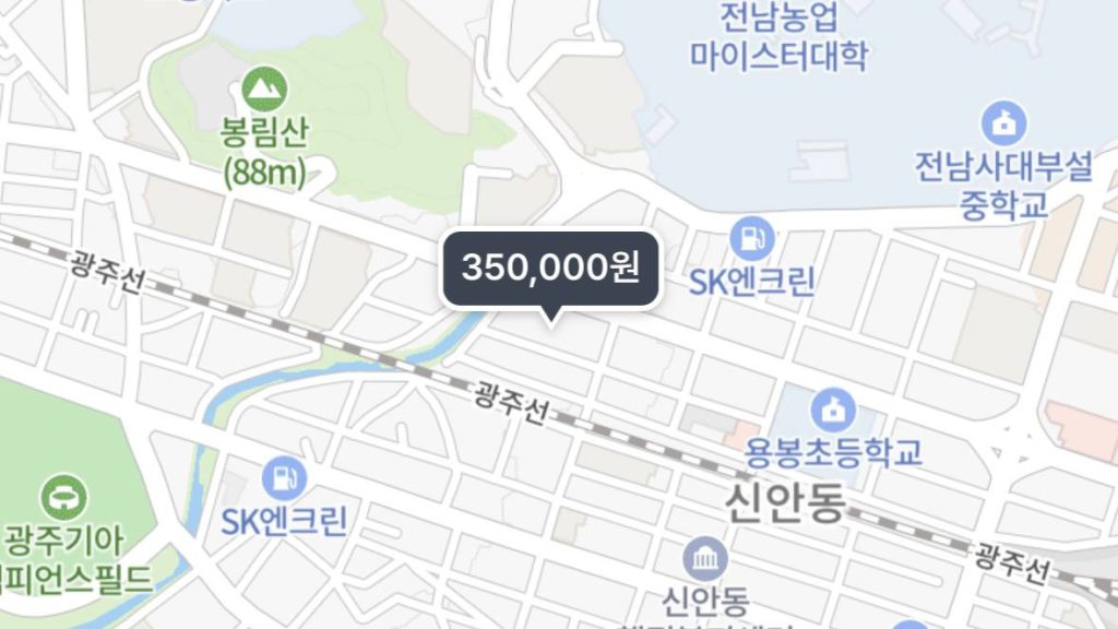 광주 신안동 일대 지도 위에 마운자로 처방 관련 위치와 함께 '350,000원' 가격 마커가 직관적으로 표시되어 있는 지도 화면 캡처 이미지.