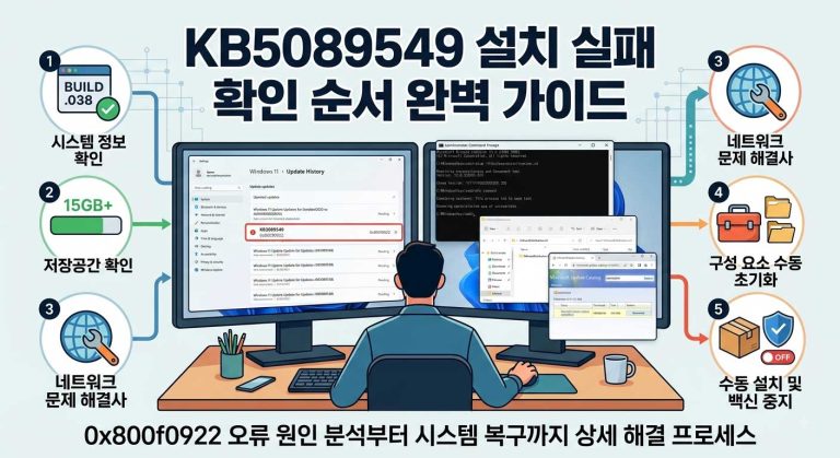 Windows 11 업데이트 오류 해결을 위한 KB5089549 설치 실패 확인 순서 완벽 가이드입니다. 0x800f0922 오류 원인 분석부터 시스템 복구까지 상세히 알아보세요