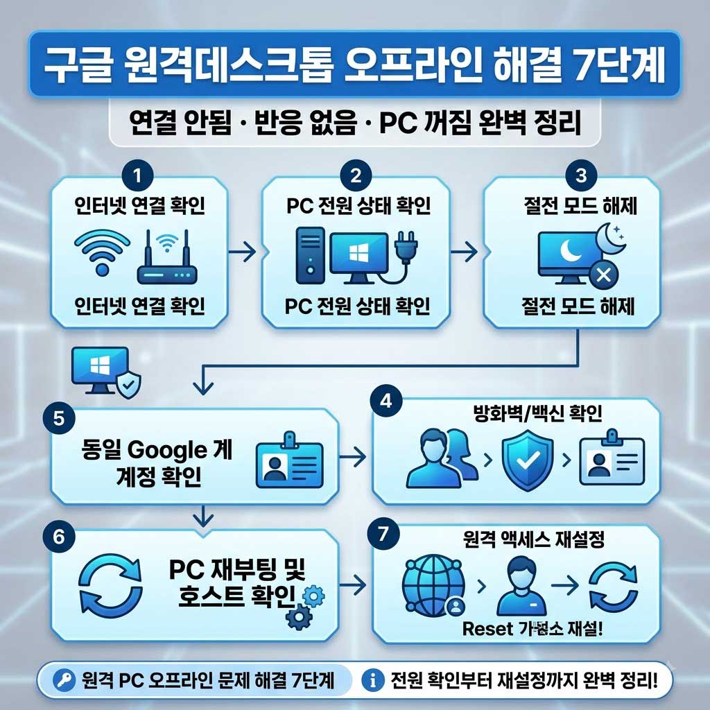 구글 원격데스크톱 오프라인 오류로 접속이 안 될 때 완벽 해결하는 7단계 가이드입니다. PC 전원 차단, 절전 모드, 인터넷 연결 및 Chrome Remote Desktop 호스트 서비스 오류 원인을 분석하고, 외부에서 전원을 켜는 스마트 플러그 활용법까지 상세히 정리했습니다.